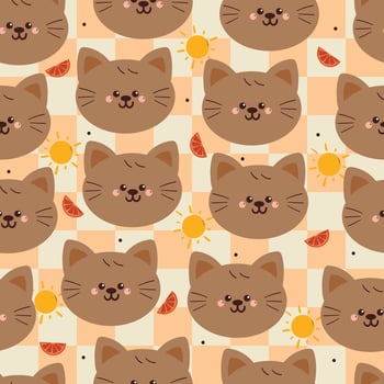 seamless pattern cute cartoon cat with sun and orange fruits. animal drawing for wallpaper and gift wrap paper vector