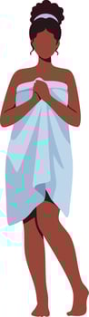 Woman wrapped in light blue towel standing barefoot with hands clasped natural posture illustration vector