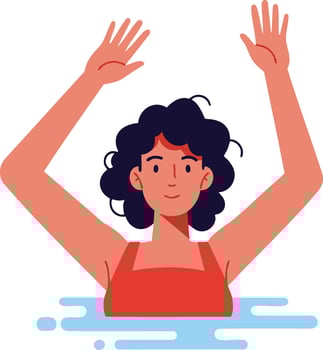 Woman with raised hands standing in water wearing red swimsuit illustration for summer and leisure activities vector