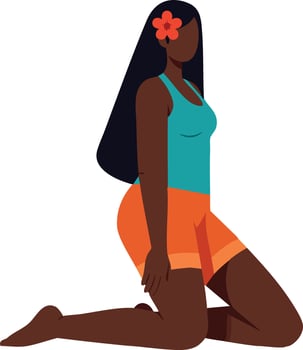 Woman with flower in hair kneeling wearing teal top and orange shorts illustration vector