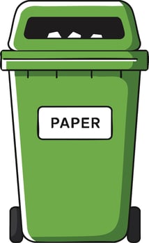 Green paper recycling bin with wheels and lid for waste sorting and environmental cleanliness illustration vector