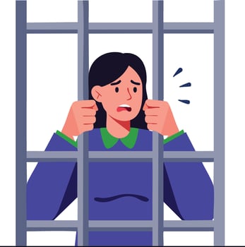 Woman behind prison bars feeling distressed and anxious in dark blue clothing illustration vector