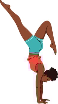 Woman performing handstand exercise in red top and blue shorts fitness and balance pose illustration vector