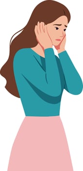 Young woman covering ears feeling stressed and worried in blue sweater with pink skirt illustration vector