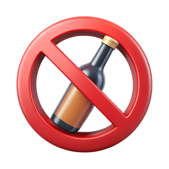 No alcohol sign, prohibition and abstinence symbol, red circle with line through drink, clean transparent background png