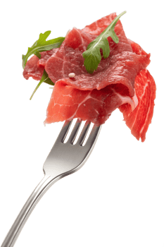 Beef carpaccio with fresh arugula on fork isolated on transparent background, gourmet dish, healthy food, restaurant meal png