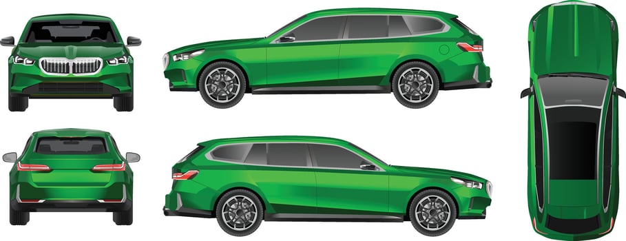 Green car Side, front, back, top view. isolated designs on white background. All elements in the groups on separate layers. vector
