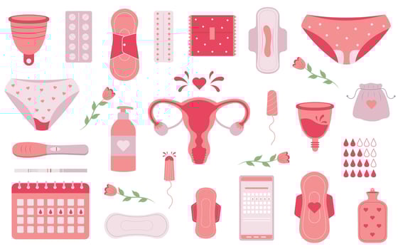 Menstruation first period. Set of menstrual accessories. Female regular menstrual cycle. vector