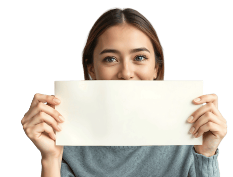 A woman holding up a blank paper png