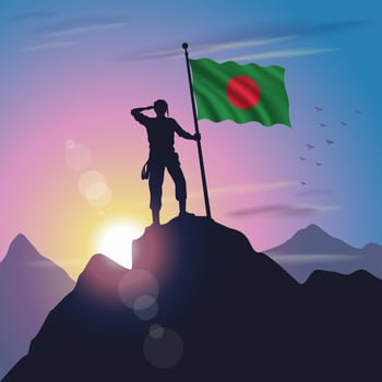 Bangladesh flag raised on mountain peak with purplish yellow sunset background vector