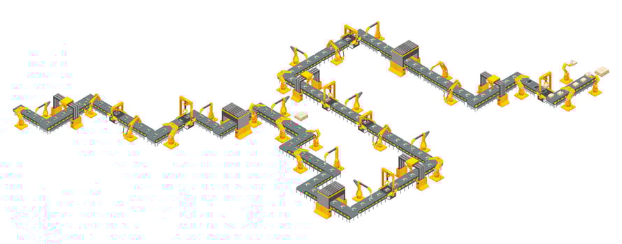 Automated assembly line with robotic arms. Factory with conveyor. Illustration vector