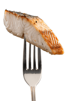 Grilled fish fillet on fork isolated on transparent background, cooked seafood, healthy dinner, white fish png