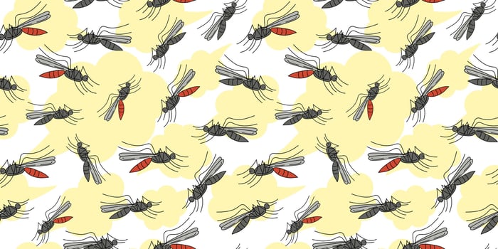 Mosquito pattern, flying insect. Extermination, insect repellent spray. Mosquito repellent spray. Hand drawn illustration, doodle. Malaria prevention concept, hygiene, health. Seamless background. vector