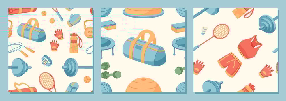 Colorful seamless pattern of sport equipment in flat style set. Training set with gym accessories, workout tools, and fitness gear. Dynamic background for healthy lifestyle decoration and textile. vector