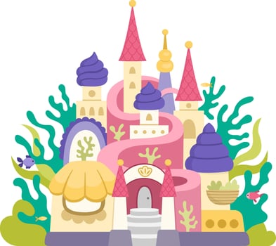 mermaid castle with seaweeds, shells, fish. Fantasy underwater princess palace icon with towers, flags, purple domes. Fairytale ocean girl house illustration isolated on white background vector