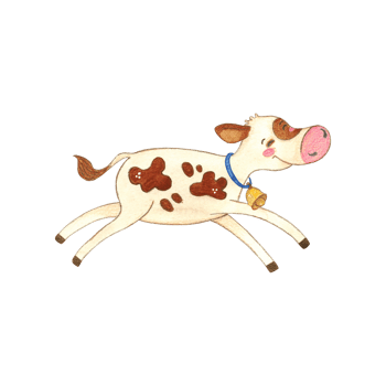 Joyfully jumping white calf with red spots with blue ribbon and golden bell. Watercolor illustration, hand drawn, cartoon. Sticker design, print, children's book. cow, character, jumping, spots, joy png