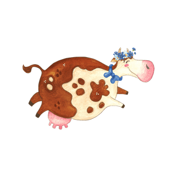 Joyfully jumping cow in a blue bow and a wreath of wild flowers. Watercolor illustration, hand drawn, cartoon. Drawing for stickers, print, children's book. cow, character, jumping, spots, red, joy png