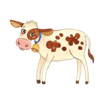White calf with red spots with blue ribbon and golden bell. Watercolor illustration, hand drawn, cartoon. Sticker design, print, children's book. cow, character, jumping, spots, red, joy, children png