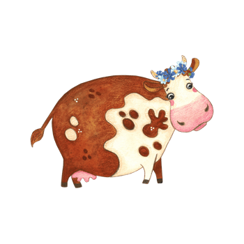 Red spotted cow standing in a wreath of wild flowers. Watercolor illustration, hand drawn, cartoon. Sticker design, print, children's book. cow, character, jumping, spots, red, joy, children, milk png
