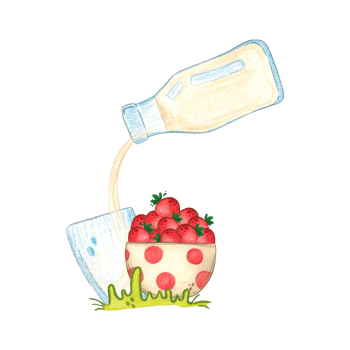 Milk from a bottle is poured into a glass next to it there is a cup full of strawberries. Watercolor illustration, hand-drawn, cartoon. Drawing for stickers, scrapbooking, blanks. milk, berry, bottle png