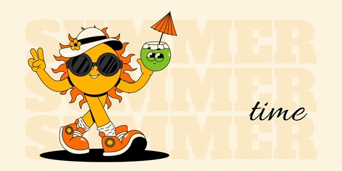 Summer time banner. Retro groovy character sun with cocktail coconut. illustration for advertisement, promo, ad, billboard, promotional vector