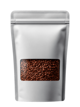 Silver Packaging with Window Showing Fresh Coffee Beans Inside png