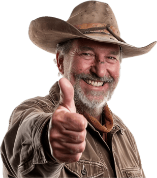 Joyful man with cowboy hat giving thumbs up gesture, smiling broadly png