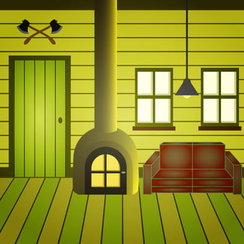 Cartoon hut interior with old living room. Ancient house inside view with wooden furniture, window, door. Rural traditional living room with chimney, sofa vector