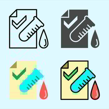 Minimal flat icon of blood test document with checkmark and drop, suitable for lab result display or diagnostic campaign material. vector