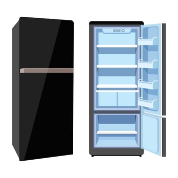 Realistic open and closed modern refrigerator mockup with shelves. Empty wide fridge with sensor panel. Home kitchen refrigerator set. Electrical freezer for products, fresh food storage vector
