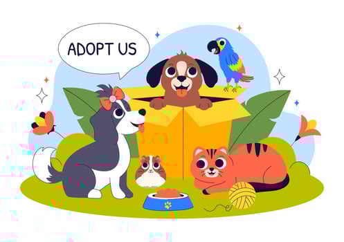 Animal Adoption Campaign Illustration Featuring Cats and Dogs in a Flat Style vector