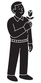 Silhouette of a man holding a rose gently with one hand near his chest, silhouette of man with rose vector