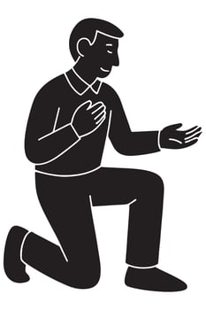 Silhouette of a man kneeling with one hand outstretched in a proposal gesture, proposing man silhouette vector