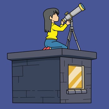 cartoon of a girl observing the sky with a telescope on the roof of a building, flat style cartoon. vector