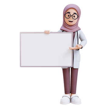 3D render muslim woman doctor character is presenting to a white board with a smile png