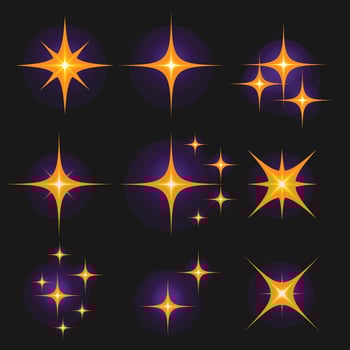Set of golden star sparkle elements with soft purple glow on a dark background. Ideal for magical highlights, UI design, fantasy artwork, and decorative graphic elements vector