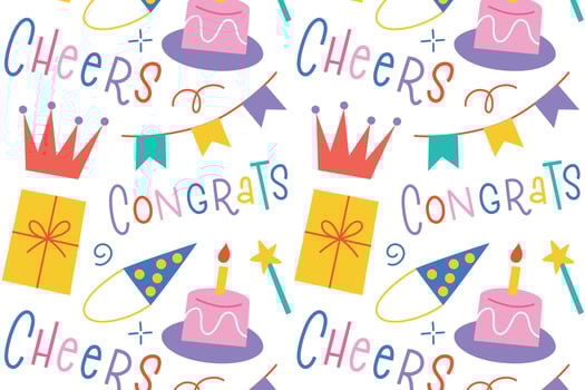 Seamless pattern with birthday icons and lettering cheers and congrats. Colorful design for party with flat cartoon gifts and cakes, celebration background, wrapping paper, kids event vector