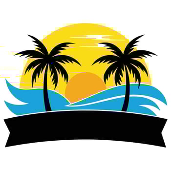 Sunset Palm Trees Silhouette with Ocean Waves and Black Ribbon Banner vector