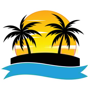 Tropical Island Sunset Palm Trees, Black Silhouette Land, and Ribbon Design vector