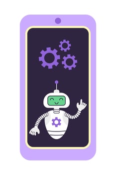 Robot and gears on the smartphone screen. Concept of digital security and technical support. Isolated illustration. vector