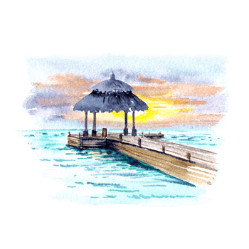 Hand drawn image the Pier in the tropic sea with sunset png