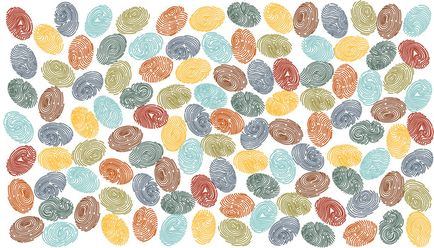Set of colorful human fingerprints isolated on white . Authentication and identification concepts. Personal id. Concept of diversity, racial equality. vector
