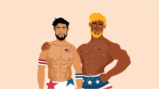 Two muscular men with American themed shorts posing in patriotic style vector