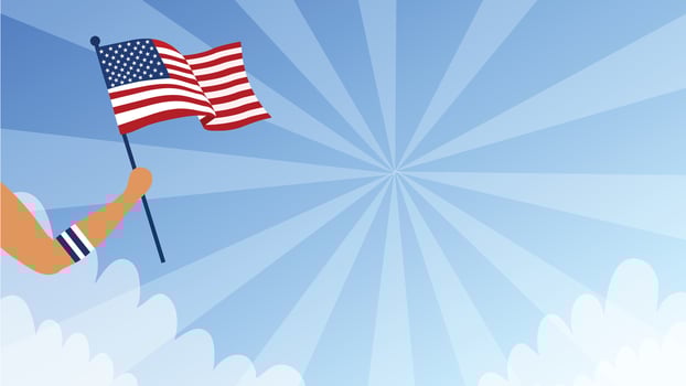 Hand waving American flag with blue sky and sunburst patriotic background vector