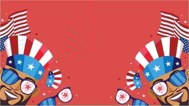 Patriotic crowd with Uncle Sam hats and flags cheering against bold red background vector