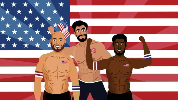Three patriotic men celebrating 4th of July with flags and American body paint vector