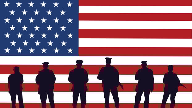 Police and service silhouettes in front of waving American flag vector