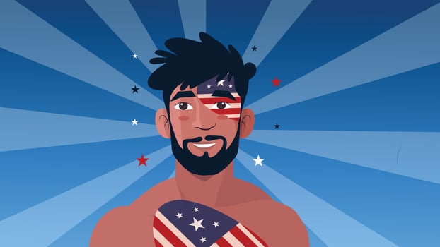 Bearded man with patriotic eye makeup holding American flag in proud expression vector