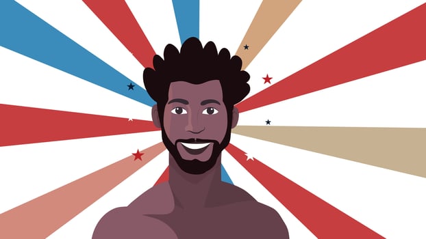 Happy smiling man with patriotic rays background celebrating American Independence Day vector