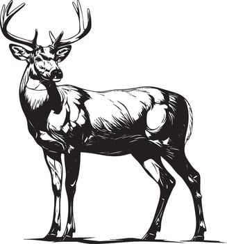 Standing deer with antlers in bold black and white illustration vector